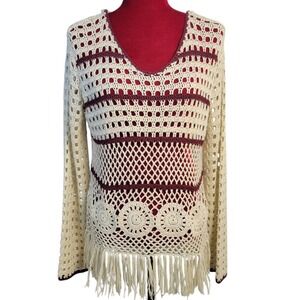 Blue Pepper Boho Crochet Open Knit  Fringe Hoodie Sweater Medallion HG4616‎